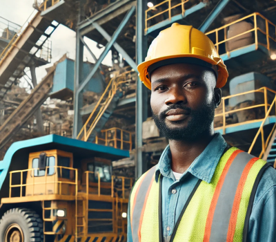 DALL·E 2024-08-27 06.45.33 - Create a realistic, photo-like image of an African man working in mineral logistics. The man should be wearing modern workwear, including a hard hat a